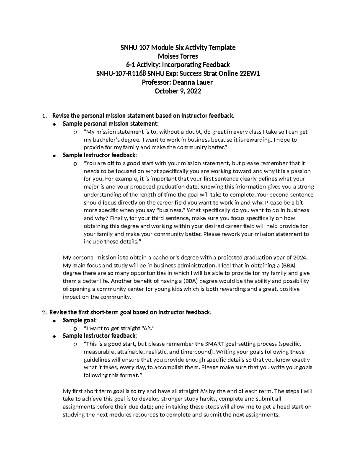 Incorporating Feedback: Revise Personal Mission Statement and Goals ...