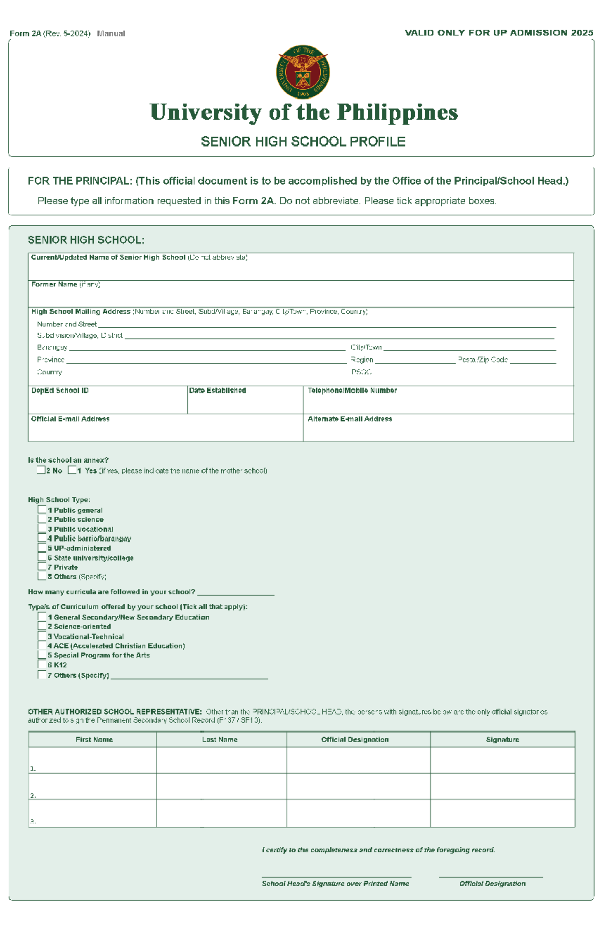 UPCAT 2025 Form 2A: Senior High School Profile for Admission - Document Preview