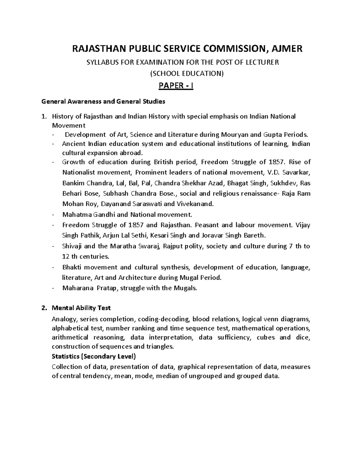 RPSC 1st Grade Lecturer Exam Paper I Syllabus Overview - Studocu