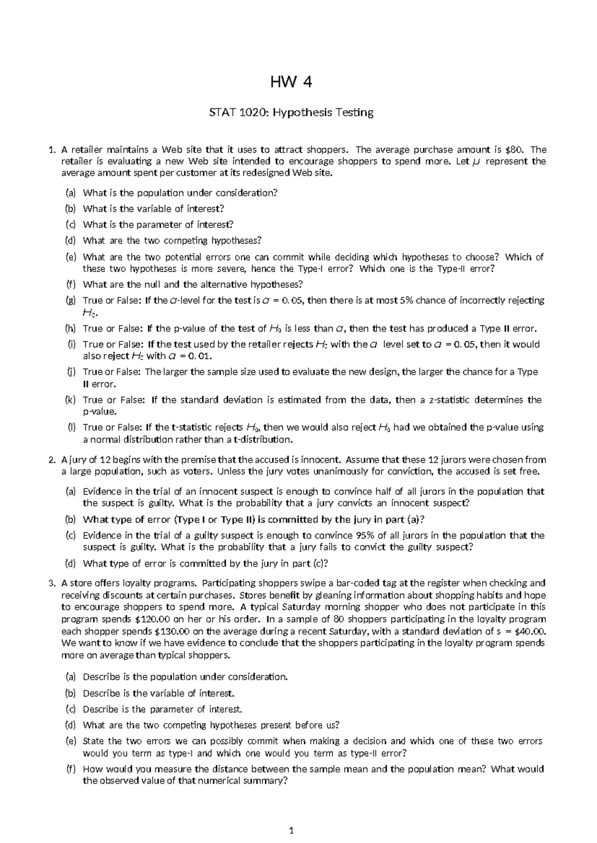 HW 4 STAT 1020: Comprehensive Guide to Hypothesis Testing - Studocu