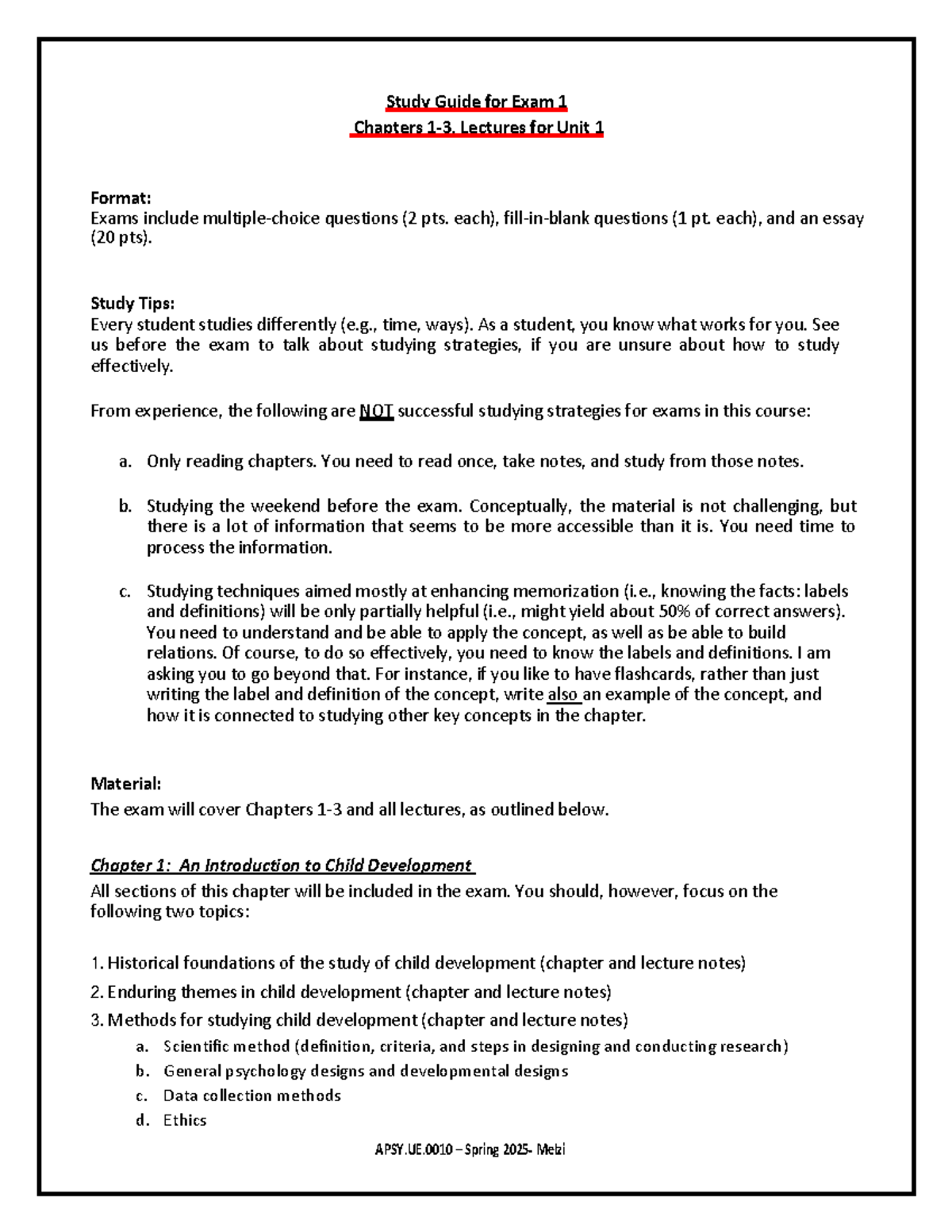Study Guide Exam 1 - APSY.UE – Spring 2025 - Melzi Study Guide for Exam ...