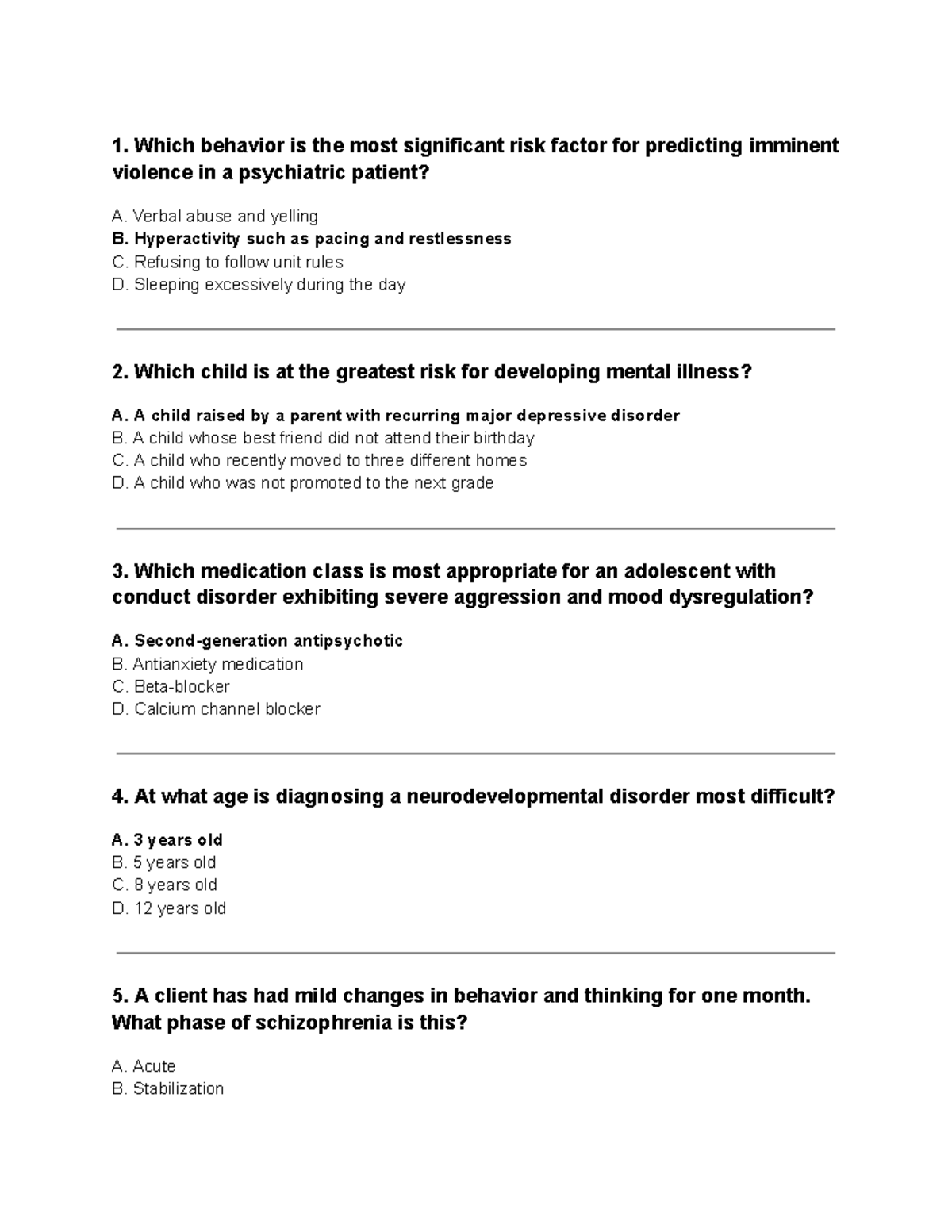 Psych 3 - Practice Questions on Psychiatric Risk Factors and Disorders ...