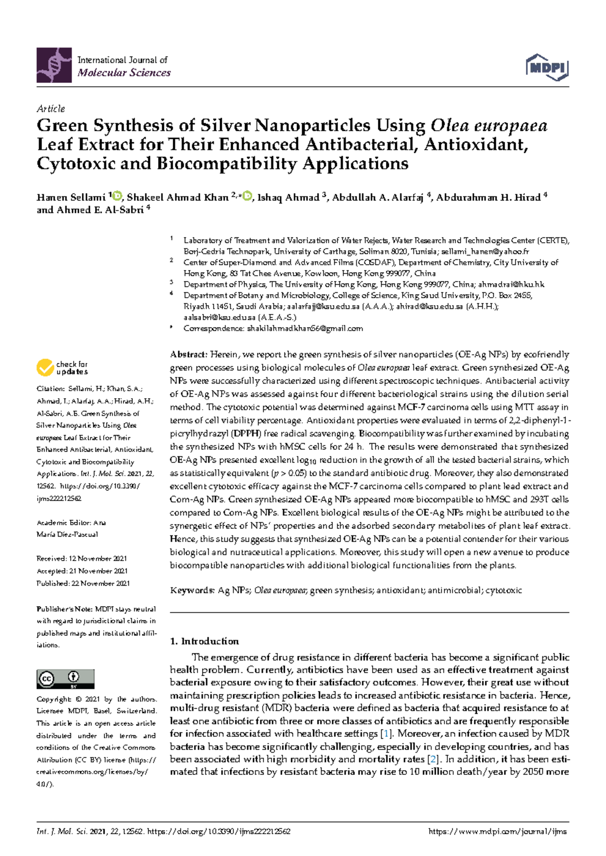 Green Synthesis of Silver Nanoparticles from Olea europaea ...