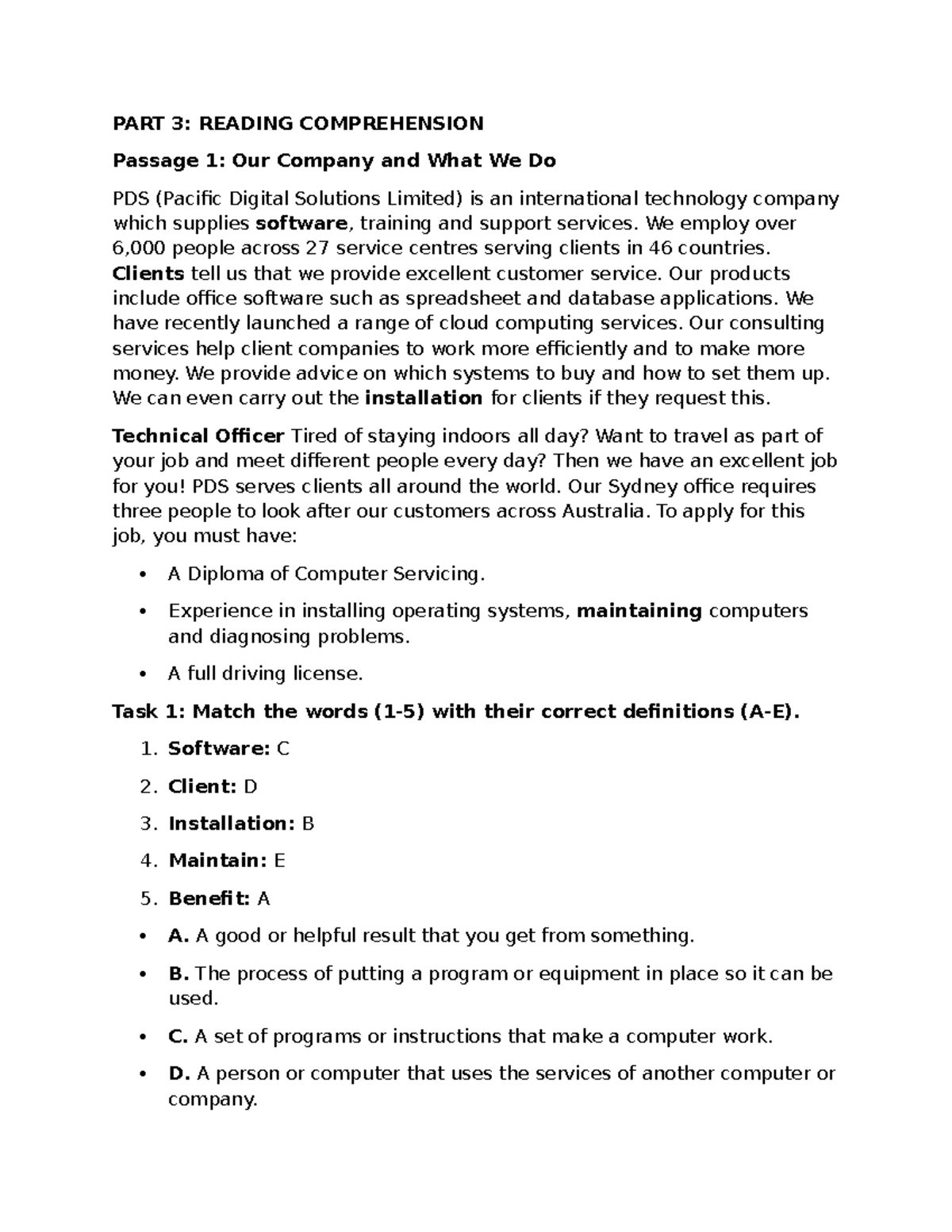 TACN2 TEST: Reading Comprehension Practice and Job Insights - Studocu