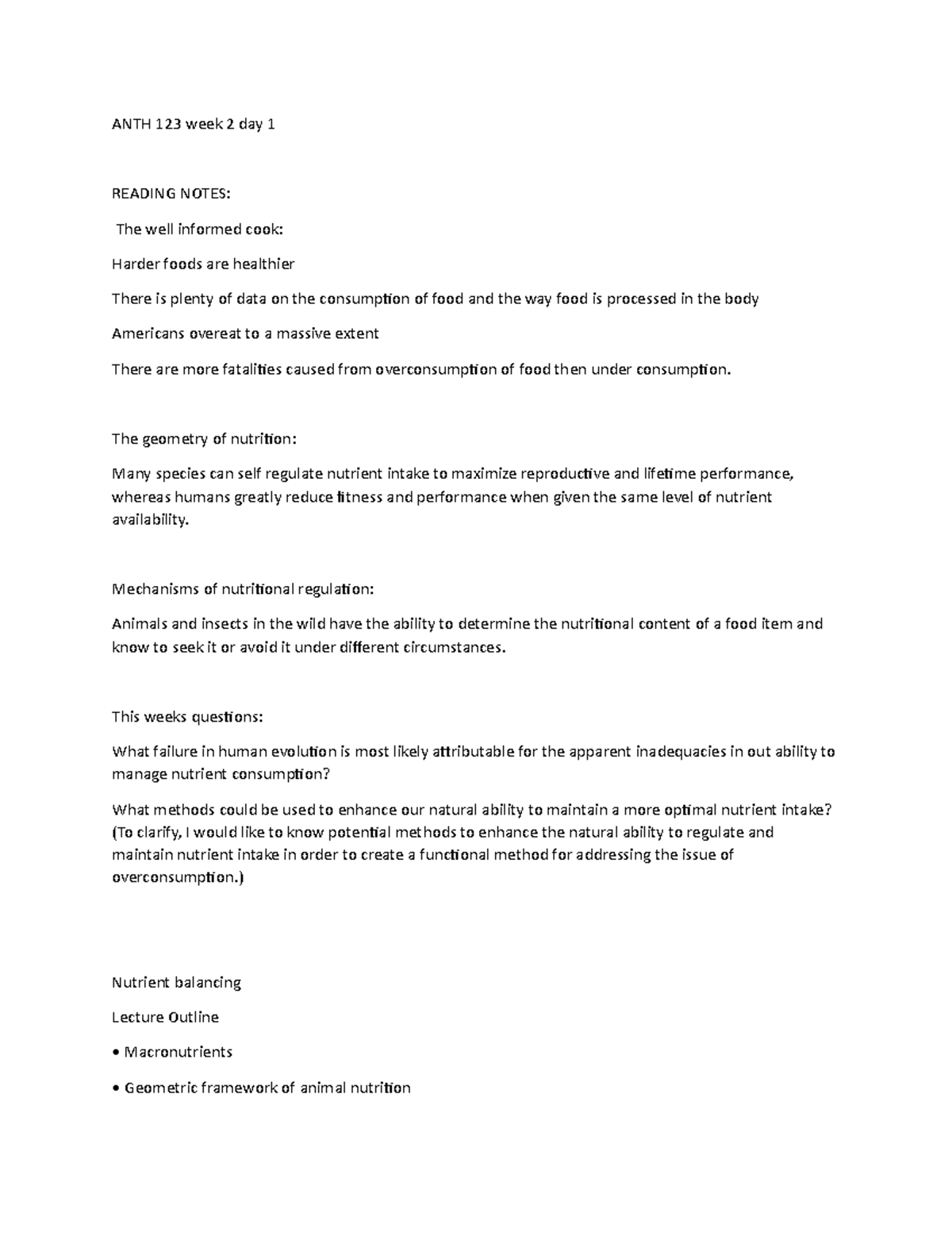 ANTH 123 Week 2 Day 1 Lecture & Lab Notes on Nutritional Insights - Studocu
