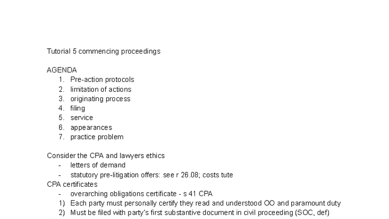 CPA Tutorial 5: Commencing Proceedings & Limitation of Actions Notes ...