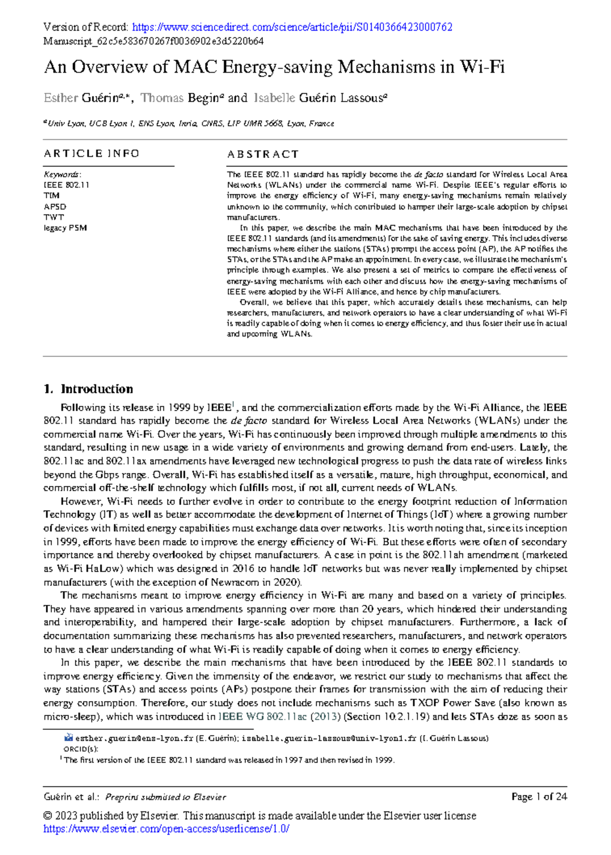 An Overview of MAC Mechanisms for Energy Efficiency in WLANs (802.11 ...