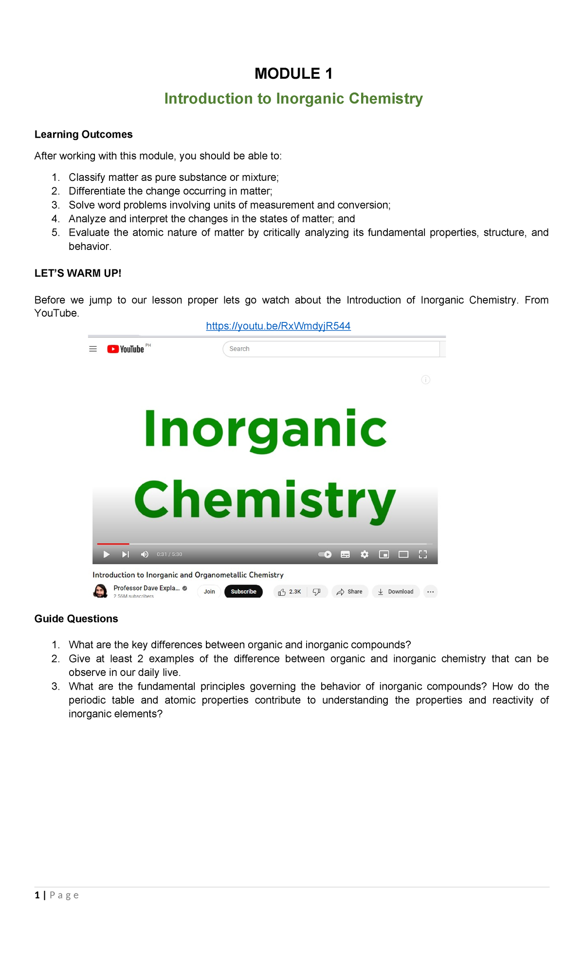 Module 1: Inorganic Chemistry Overview and Key Concepts - Studocu