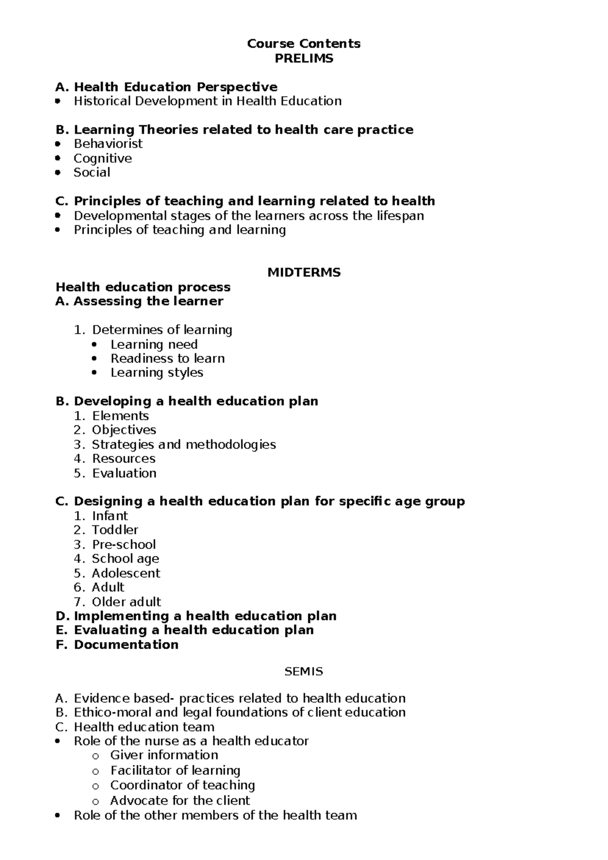 Health Educa Course Outlin - Course Contents PRELIMS A. Health ...