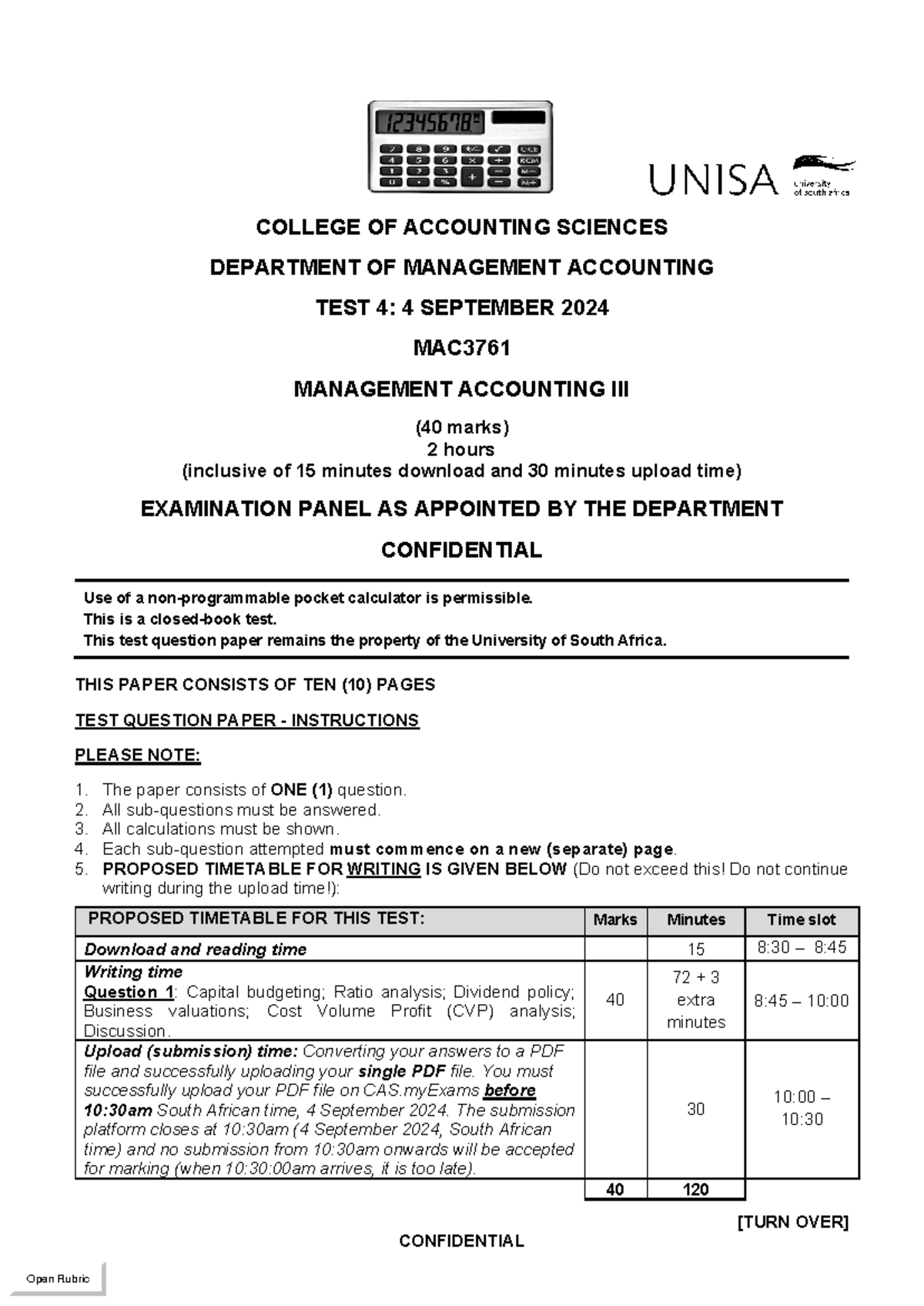 MAC3761 Test 4 Management Accounting III - 4 September 2024 - Studocu
