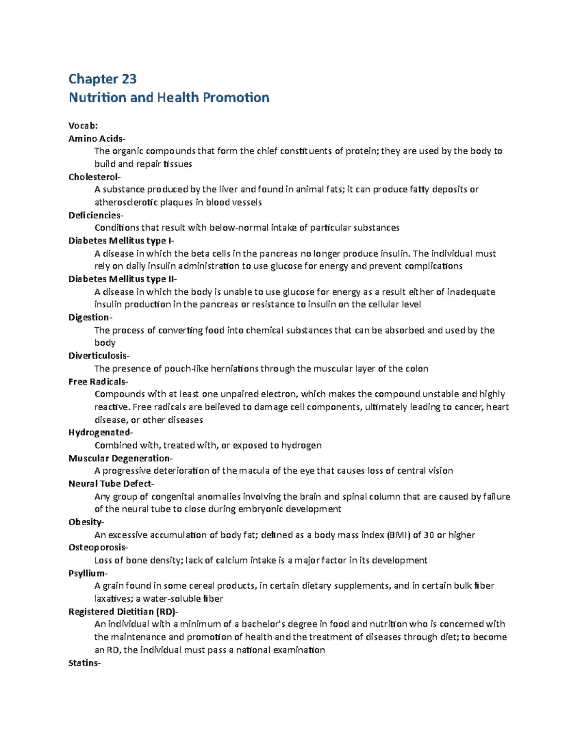 CH 23 Nutrition and Health Promotion Study Notes - Studocu