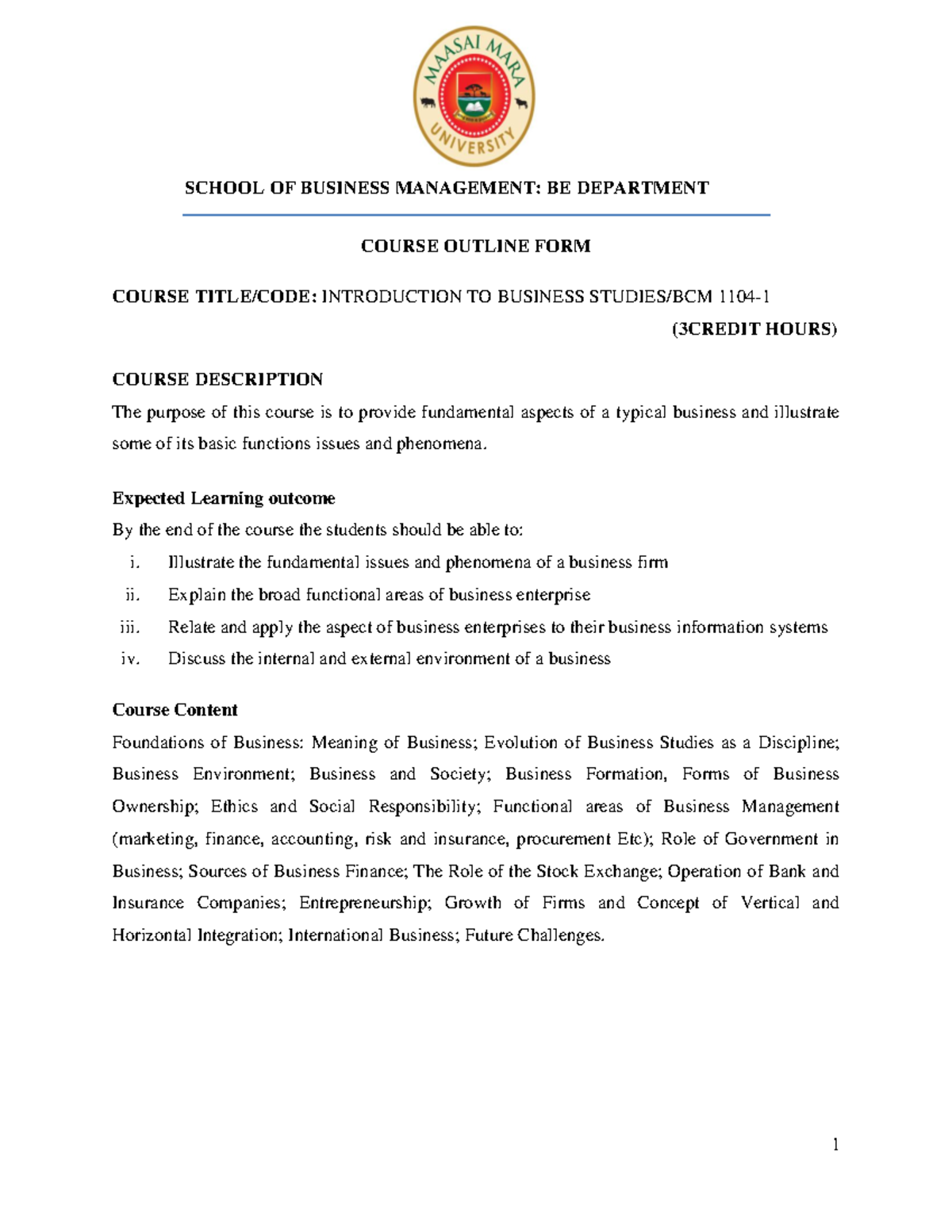 BCM 1104-1 Course Outline: Introduction to Business Studies Overview ...