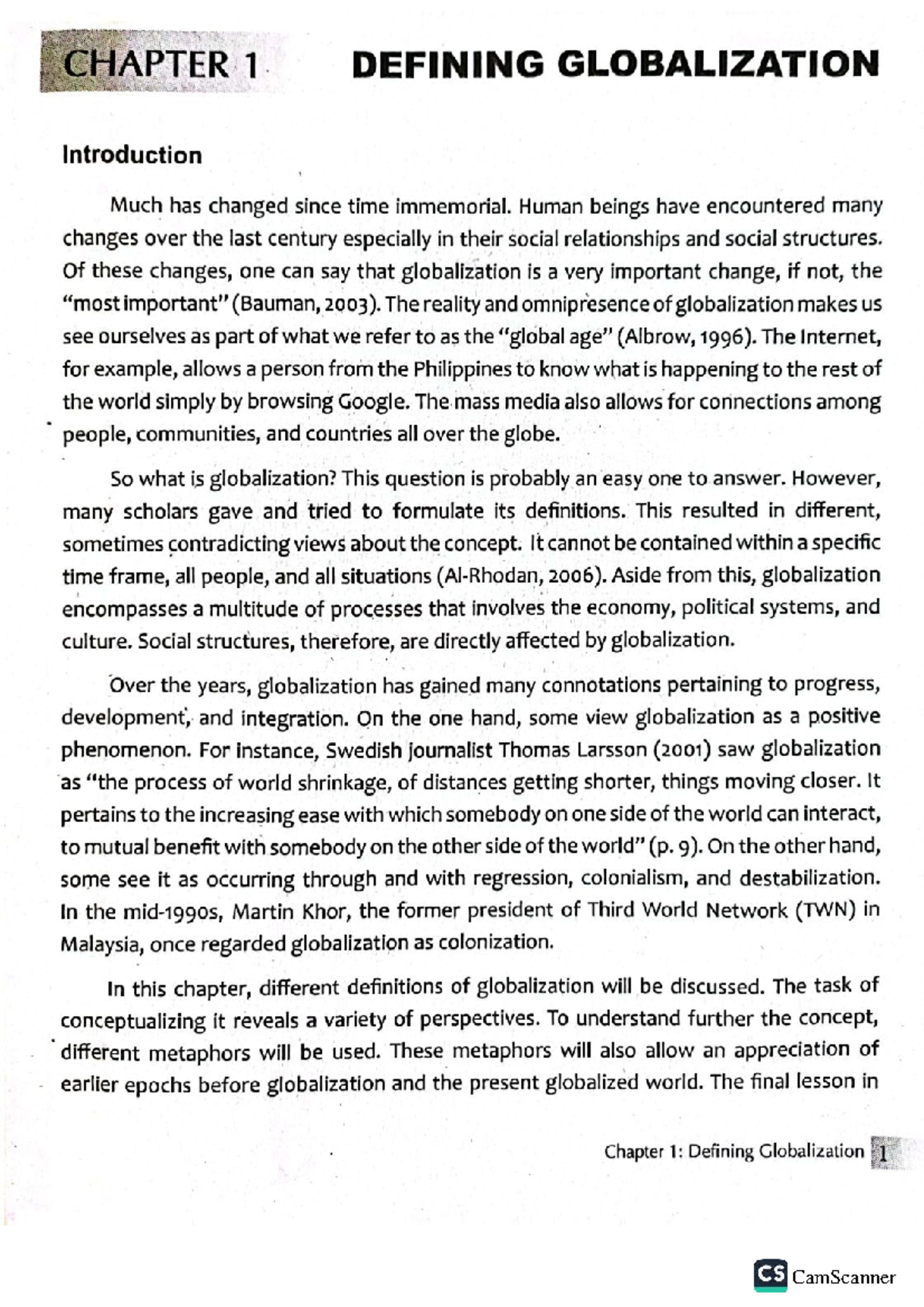 CHAPTER 1: DEFINING GLOBALIZATION - An Overview of Perspectives - Studocu