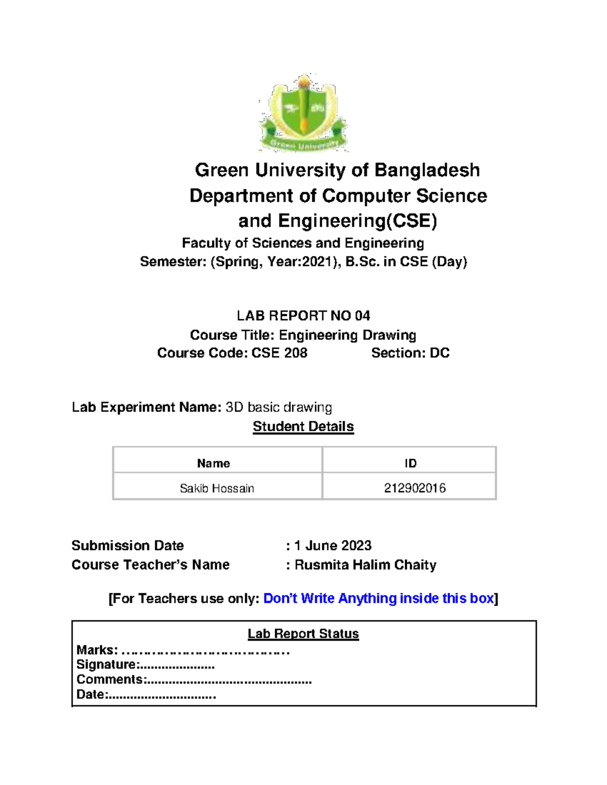 Lab-report-4 - dld lab rept - Green University of Bangladesh Department ...