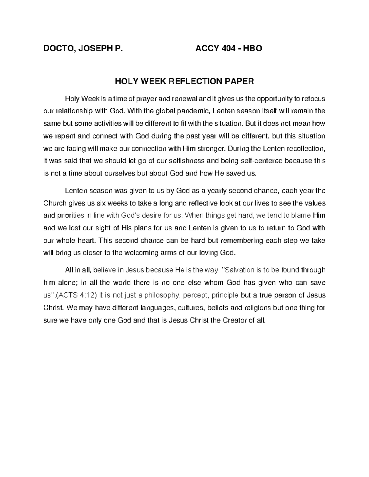 Reflection on the Holy Week Celebration - DOCTO, JOSEPH P. ACCY 404 ...