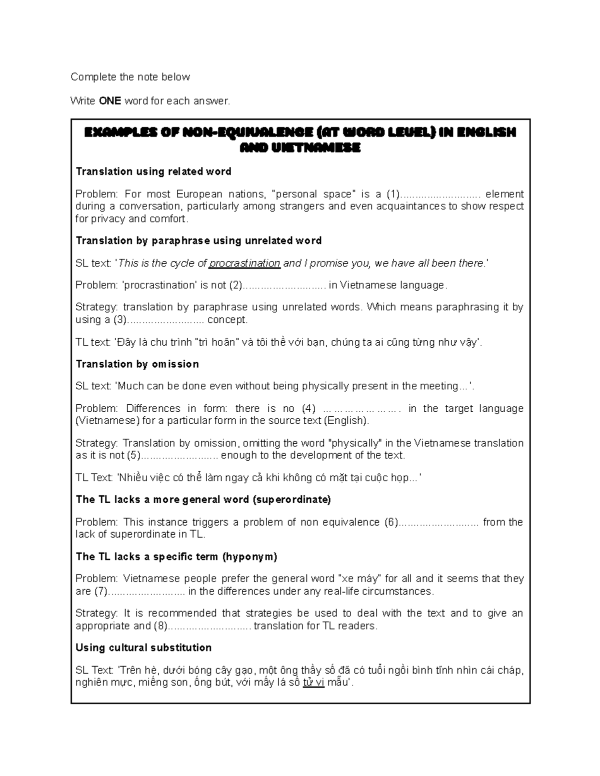 Translation Note: Non-Equivalence in English & Vietnamese - Studocu