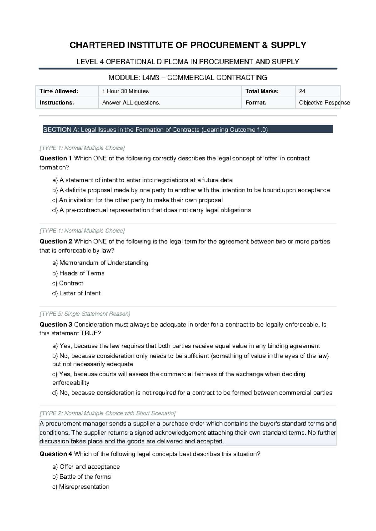 L4M3 Commercial Contracting Practice Exam for CIPS Level 4 Diploma ...