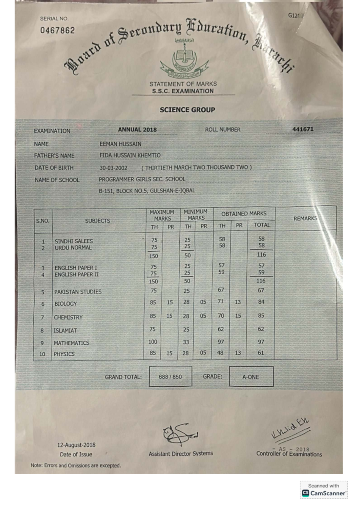 G1202 S.S. Exam Science Group Matric Marksheet Summary 2018 - Studocu