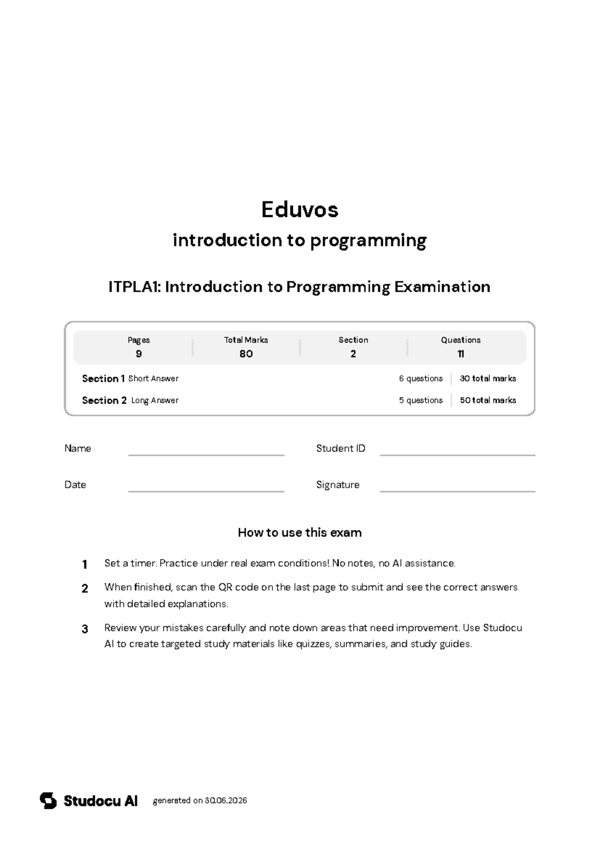 ITPLA1: Introduction to Programming Final Exam - Studocu