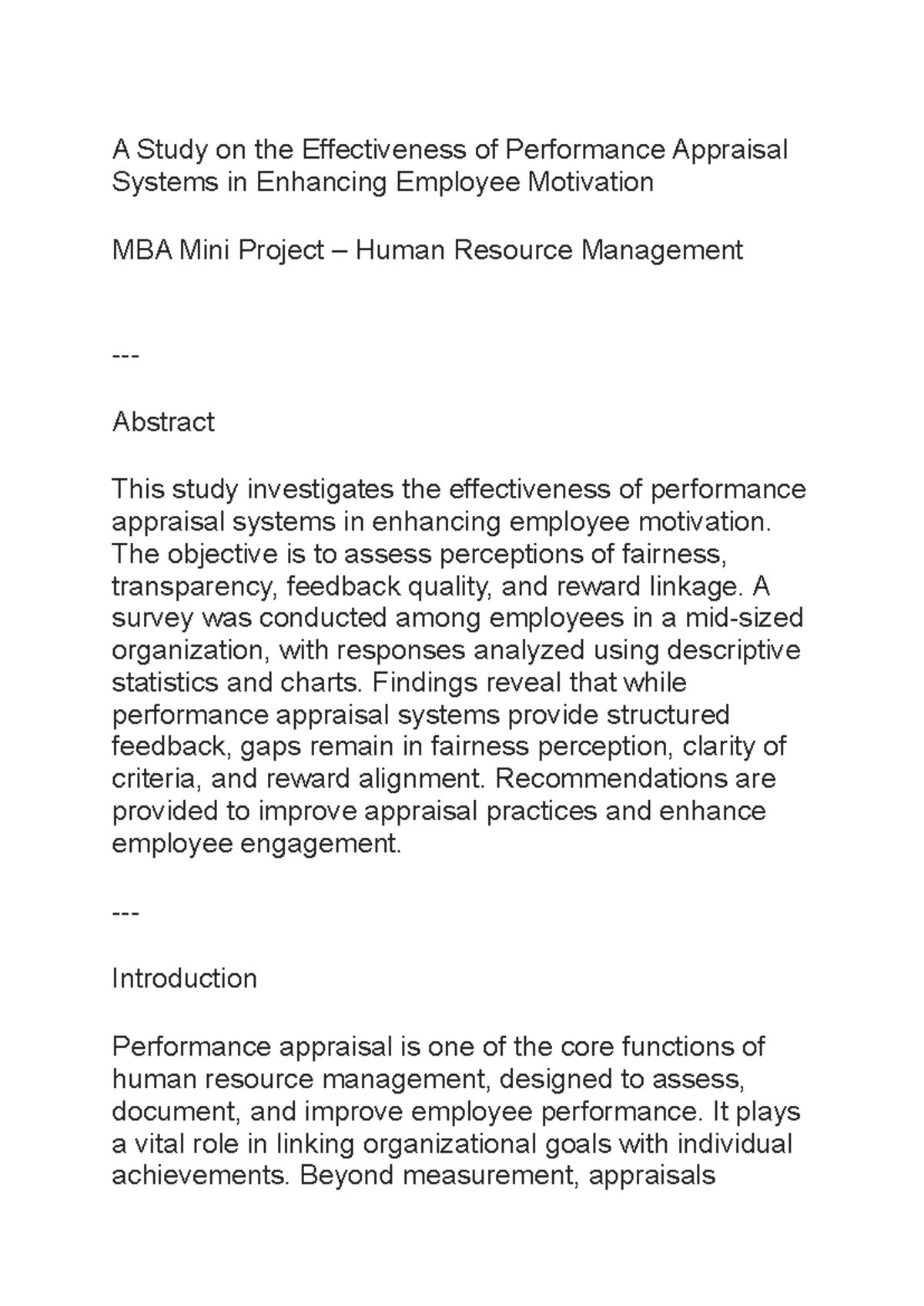 MBA Mini Project: Effectiveness of Performance Appraisal Systems in HRM ...