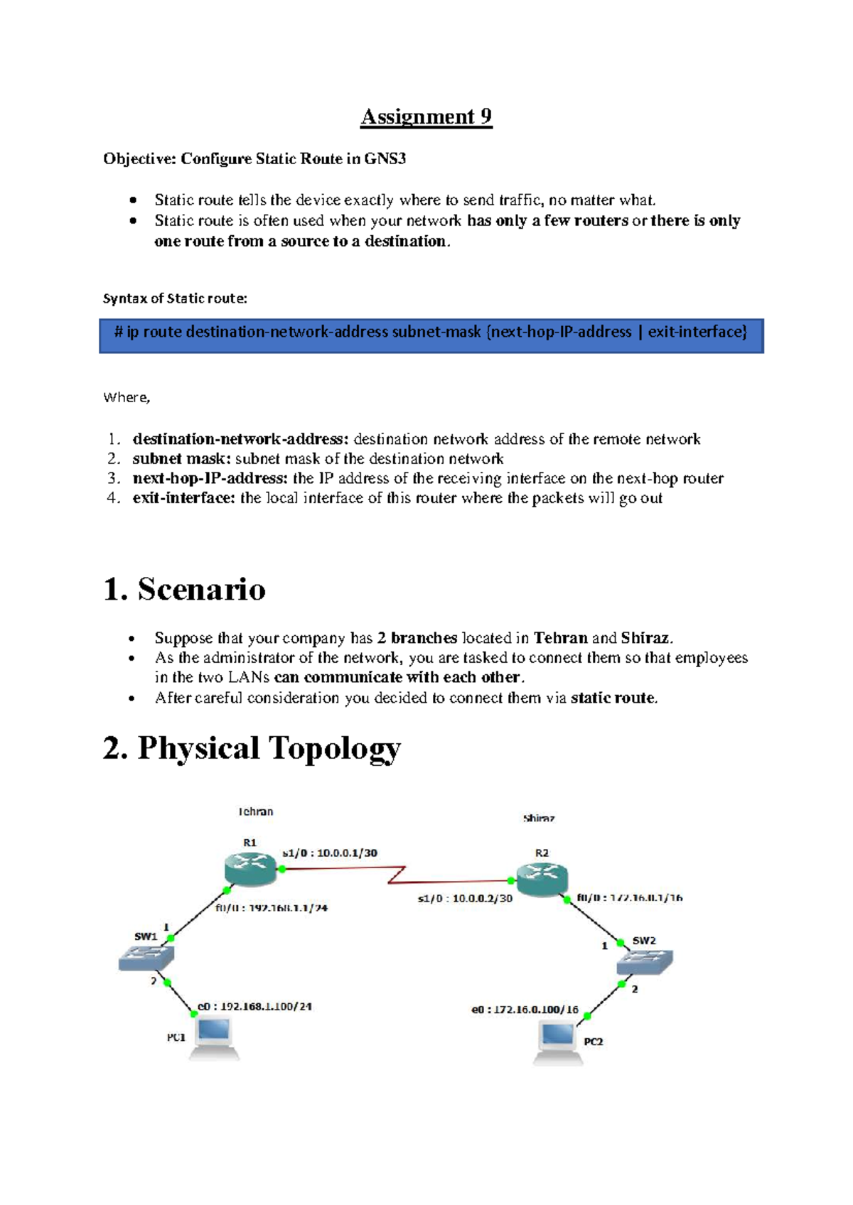 Assignment 9 - Configuring Static Route in GNS3 - Studocu