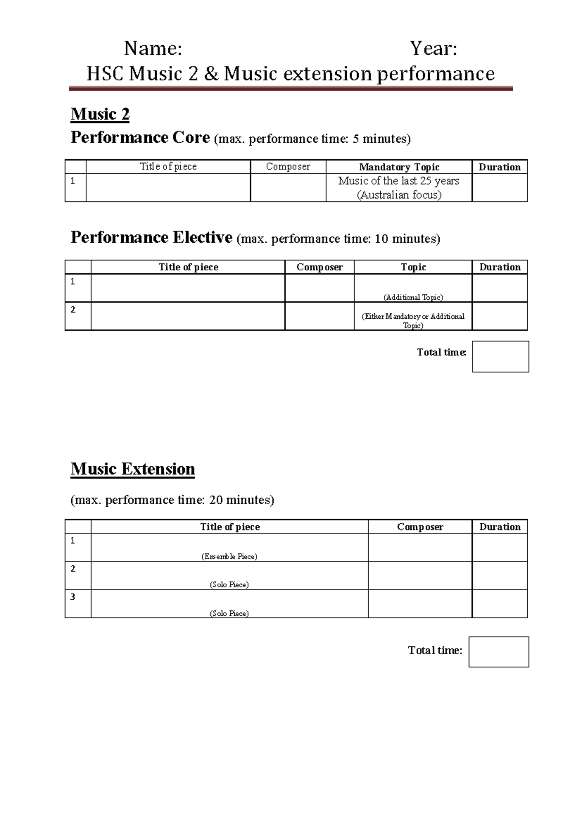 HSC performance program - Name: Year: HSC Music 2 & Music extension ...
