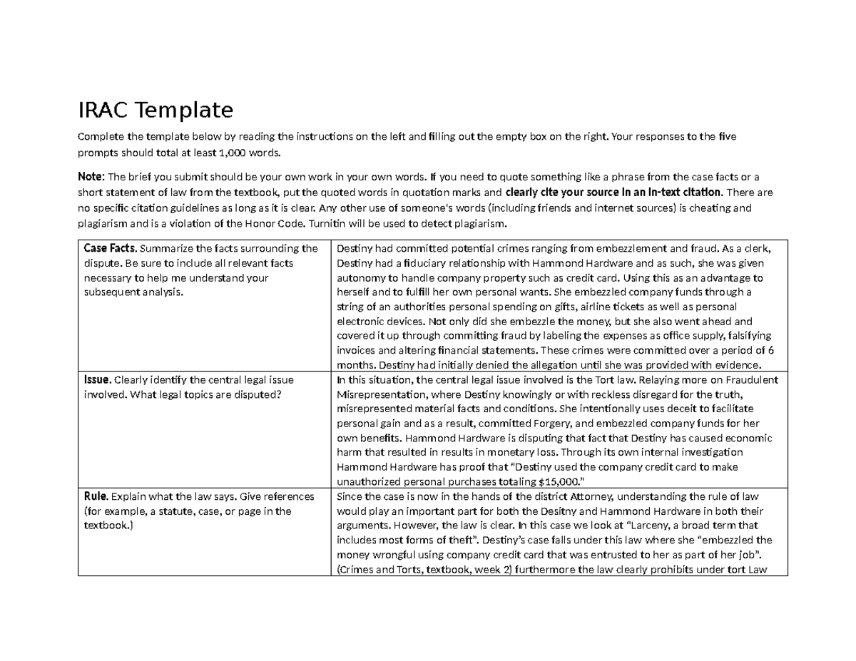 W02 Legal Brief: IRAC Template for Embezzlement Case Analysis - Studocu