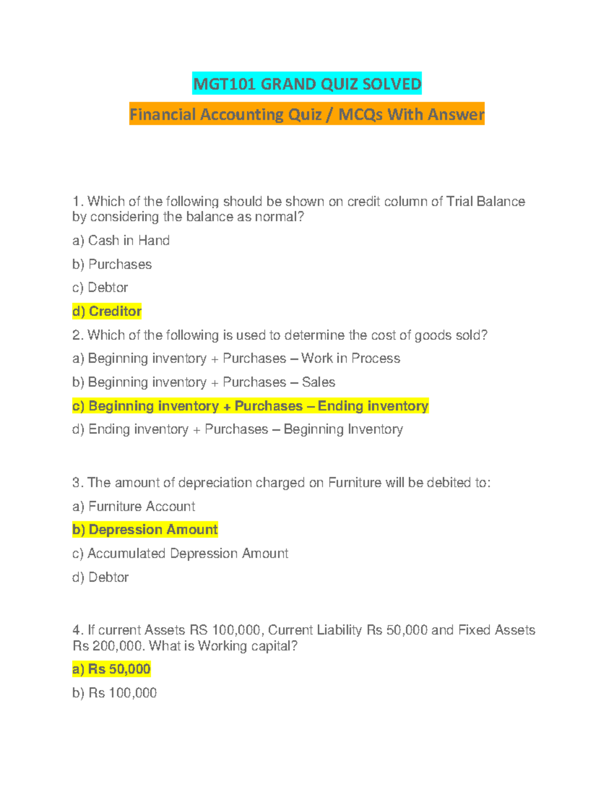MGT 101 Midterm Quiz - Important Financial Accounting MCQs Solved - Studocu