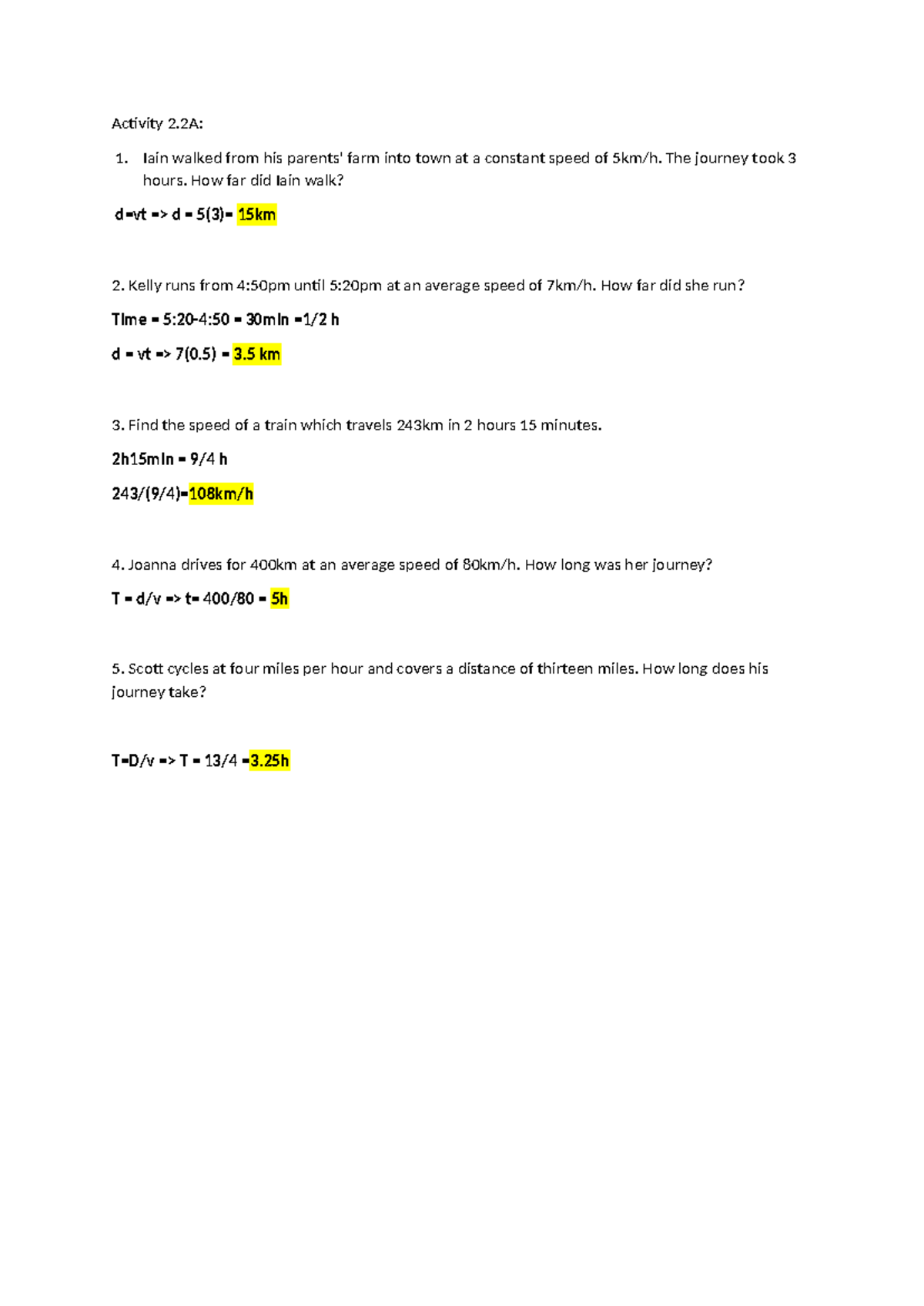 Activity 2.2A: Distance, Speed, and Time Problems - Studocu