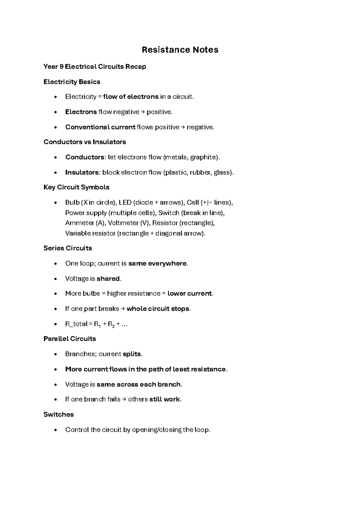 Year 9 Physics: Resistance and Electrical Circuits Recap Notes - Studocu