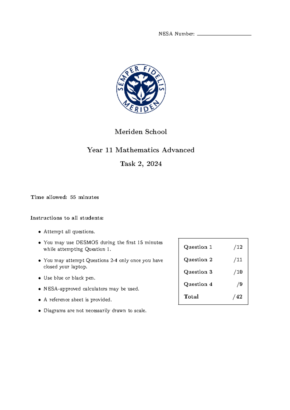 2024 ADV - Year 11 Mathematics Advanced Task 2 Exam Guide - Studocu