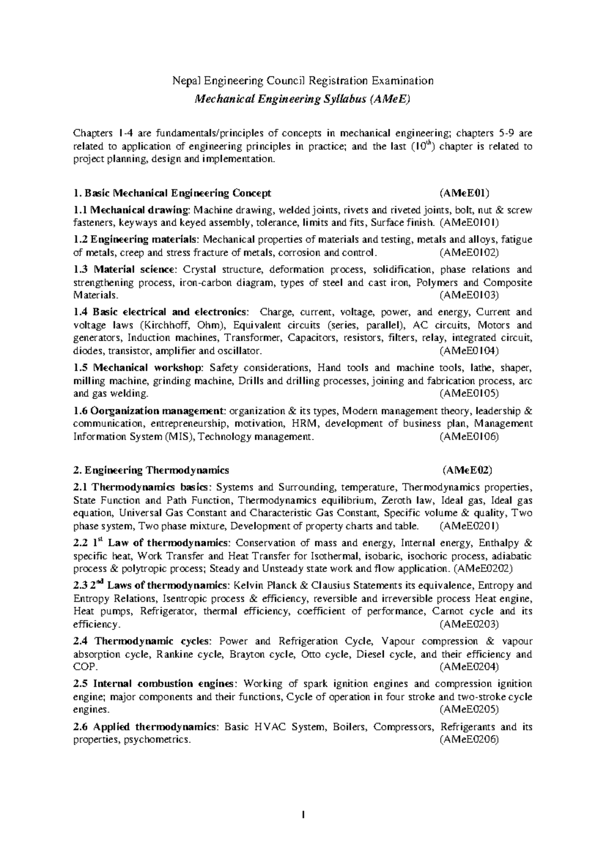 Nepal Engineering Council Registration Exam Syllabus (AMeE) - Studocu