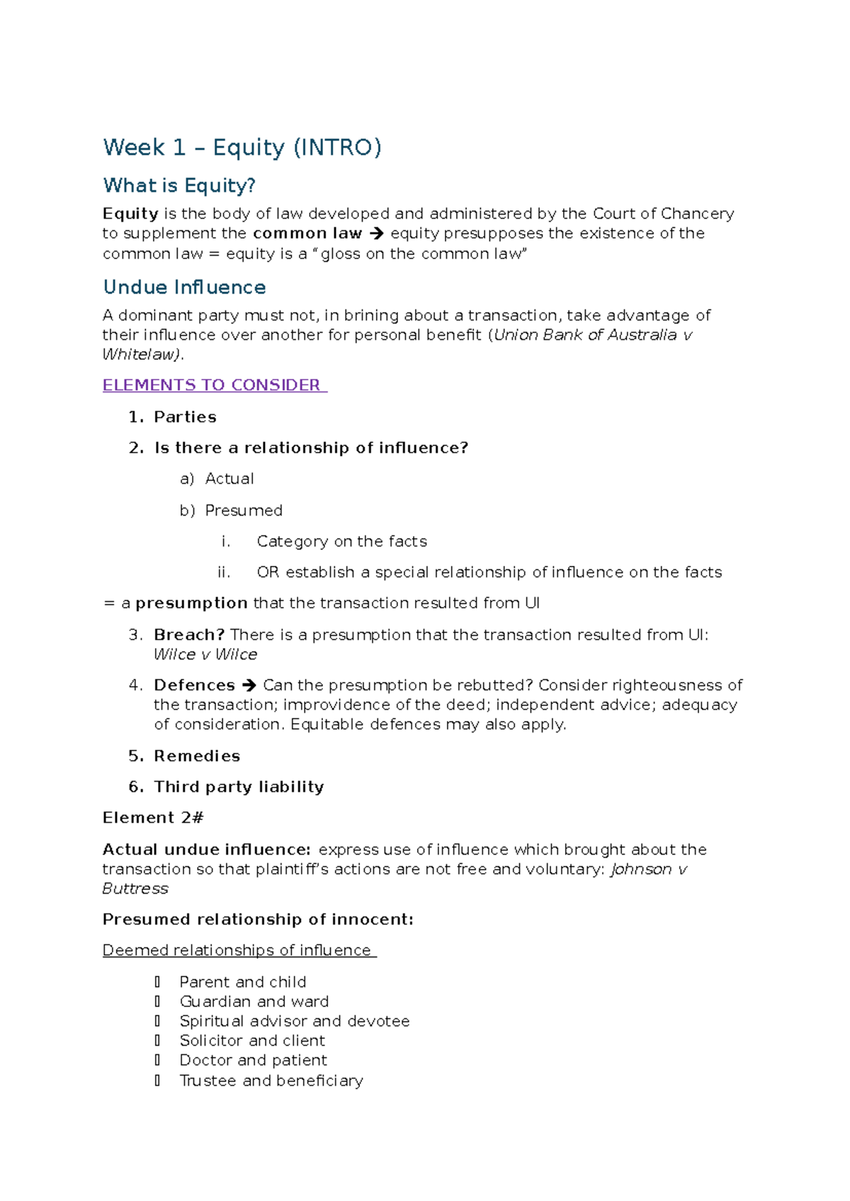 Week 1 Lecture Notes (LAW101): Understanding Equity and Undue Influence ...