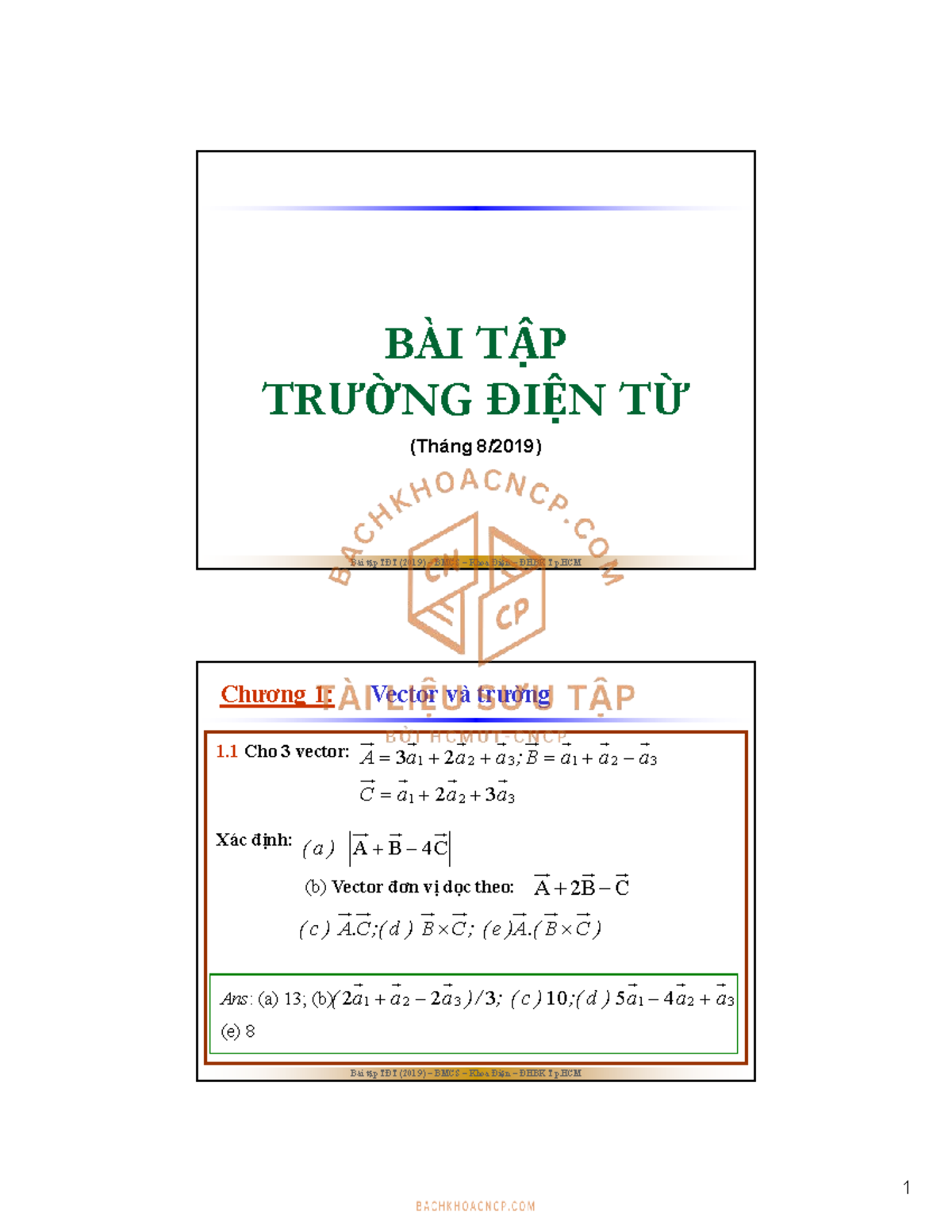Bài Tập TĐT 2019: Chương 1 - Vector và Trường - Studocu