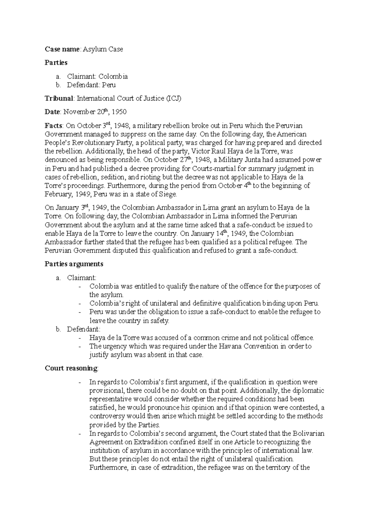 LW Case Summary: Asylum Case - Colombia vs. Peru Analysis - Studocu