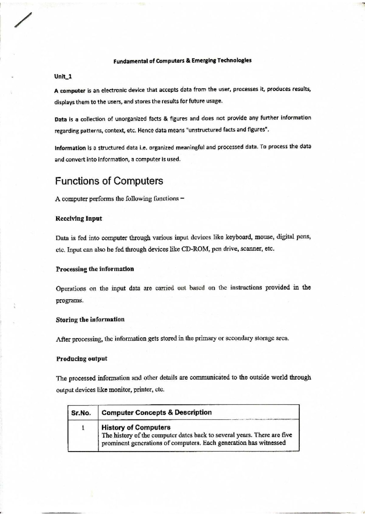 Computer Fundamentals Unit 1: Functions, Components, and Technologies ...