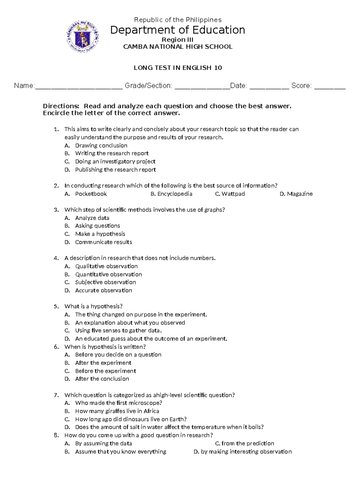 ENGLISH 10 Long Test: Research Concepts & Techniques - Studocu