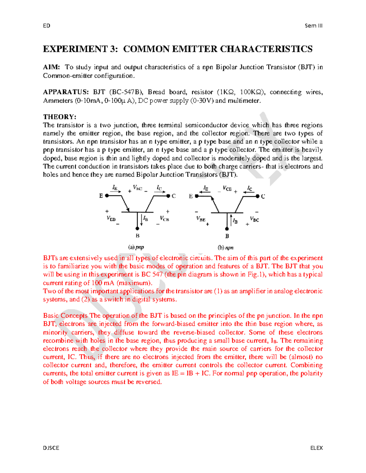 Ed expt 03 - bjt analysis - EXPERIMENT 3: COMMON EMITTER ...
