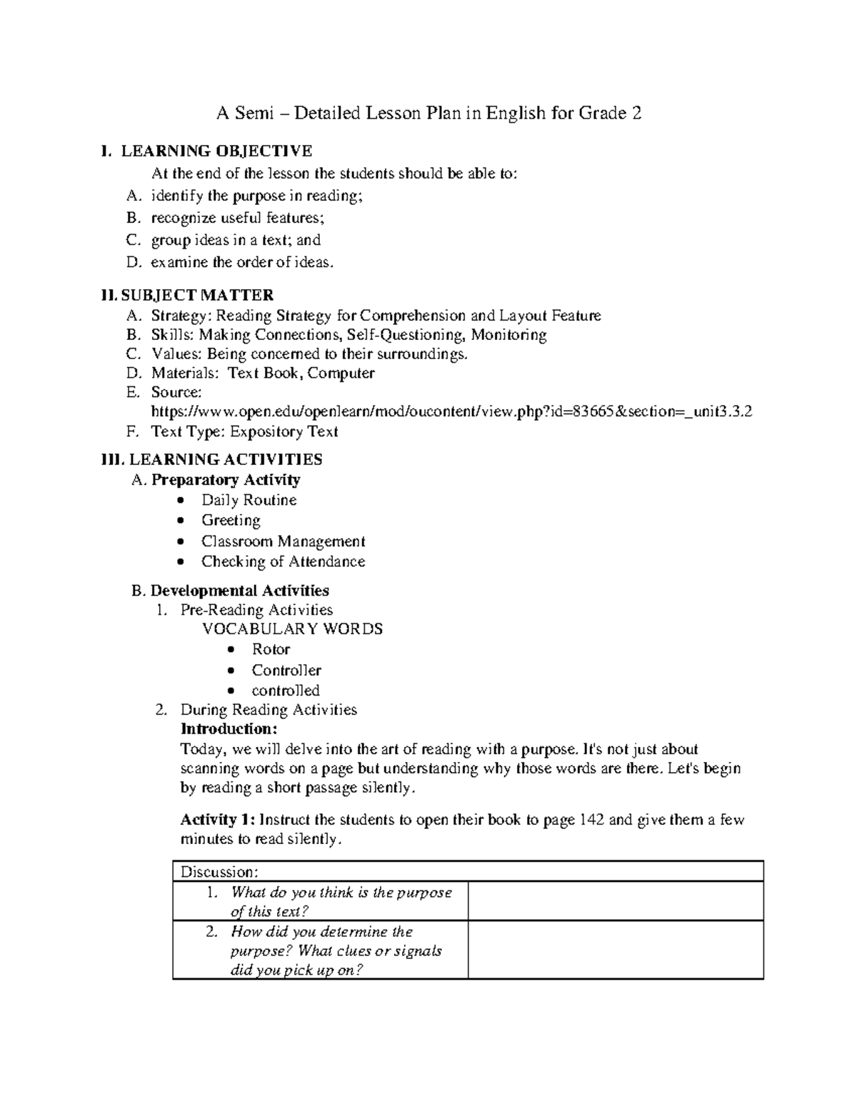 LP English 2: Detailed Lesson Plan on Reading Comprehension - Studocu