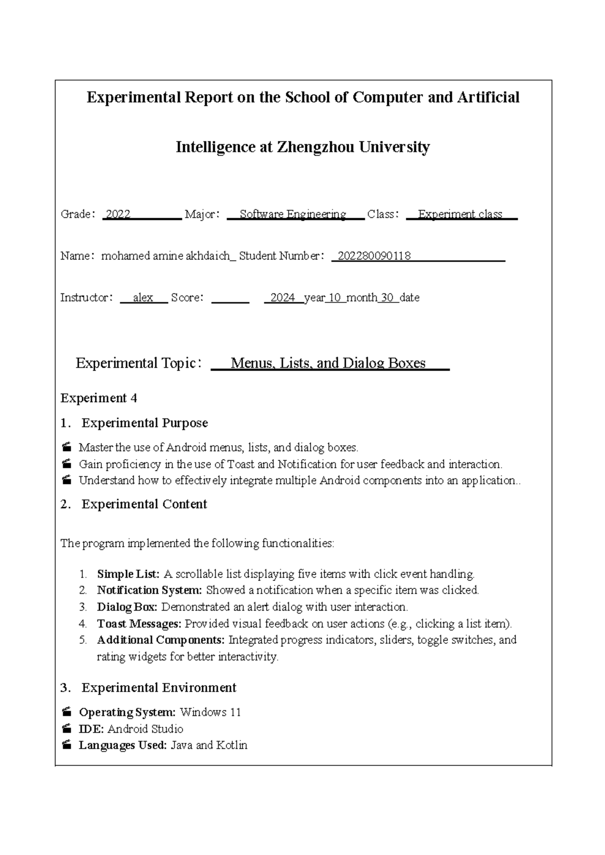 Android Experiment Report 4: Menus, Lists, and Dialog Boxes - Studocu