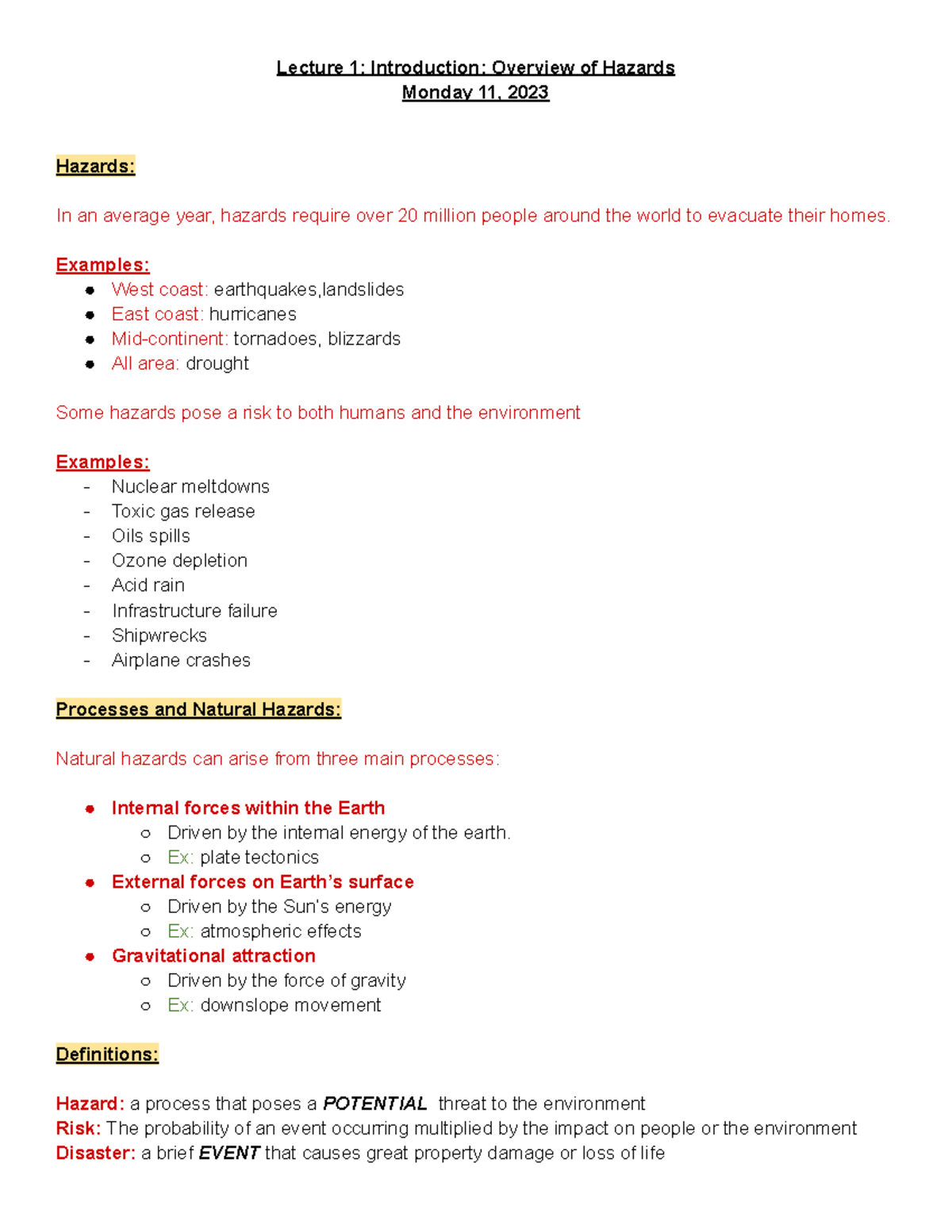Geography 2152 Lecture Notes: Understanding Natural Hazards and Risks ...