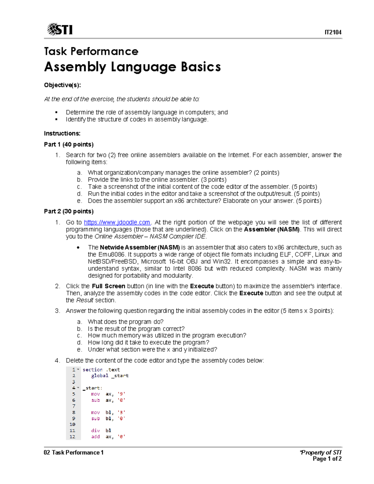 IT2104 Task Performance: Assembly Language Basics Guide - Studocu