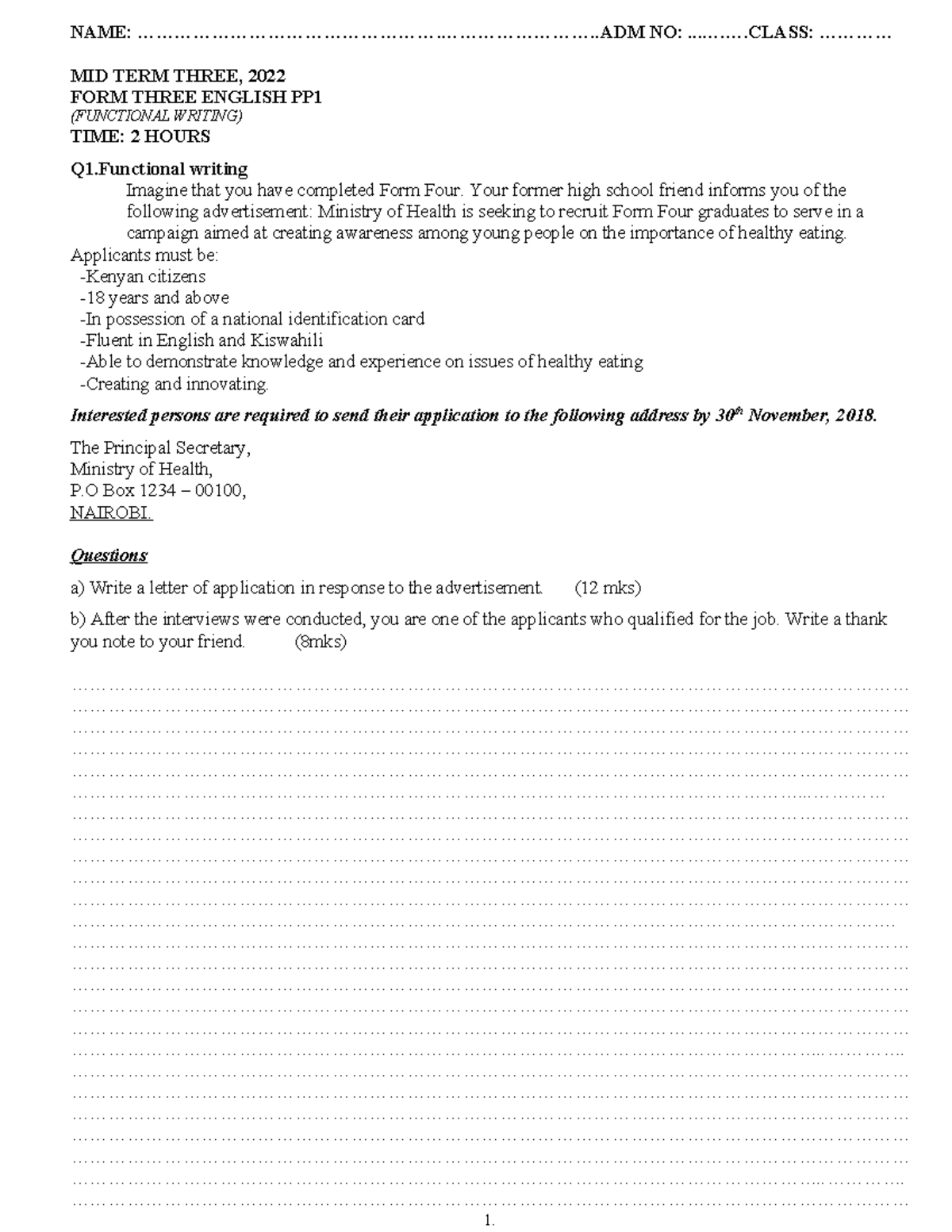 F3 English Midterm Exam 2022: Functional Writing Questions - Studocu