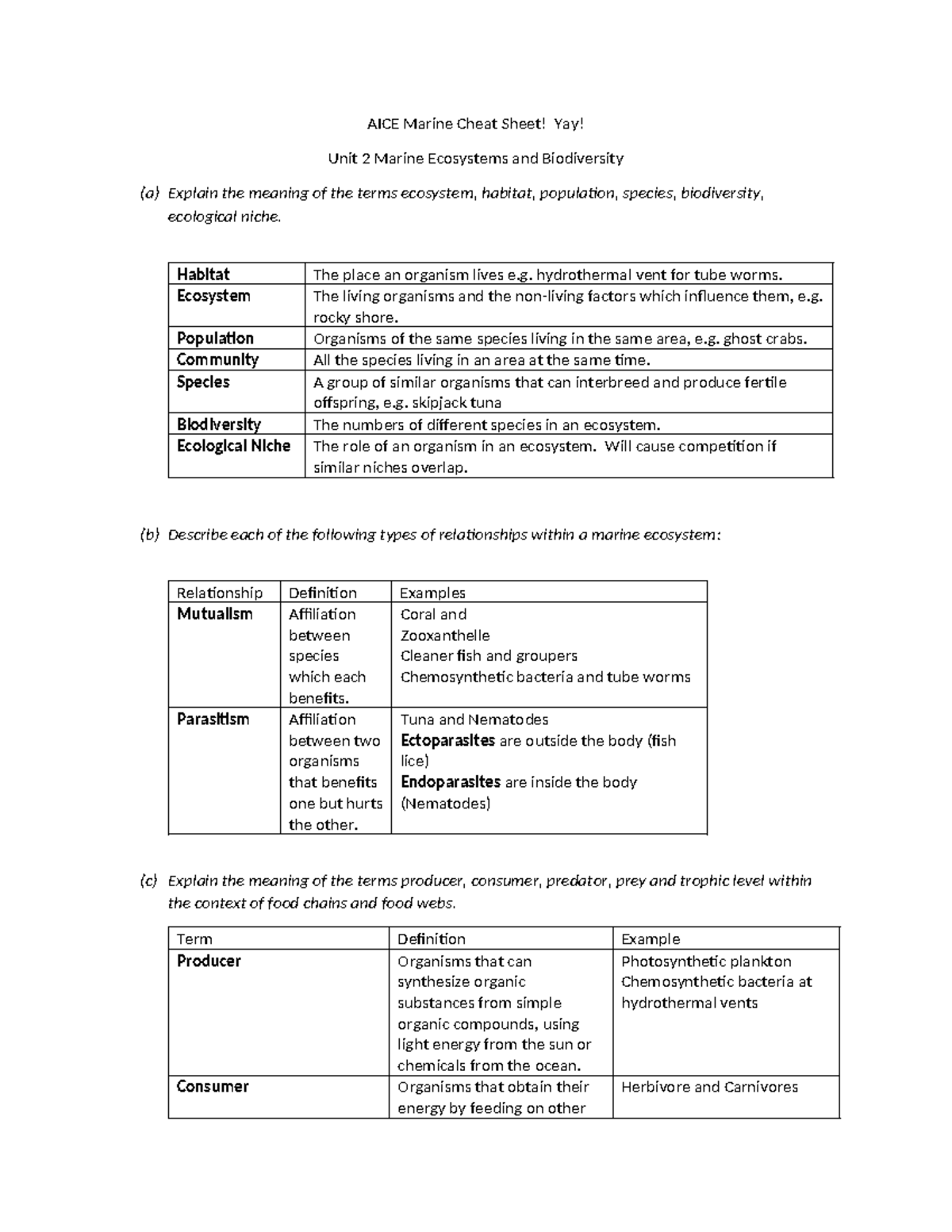 AICE Marine Ecosystems & Biodiversity Cheat Sheet - Studocu
