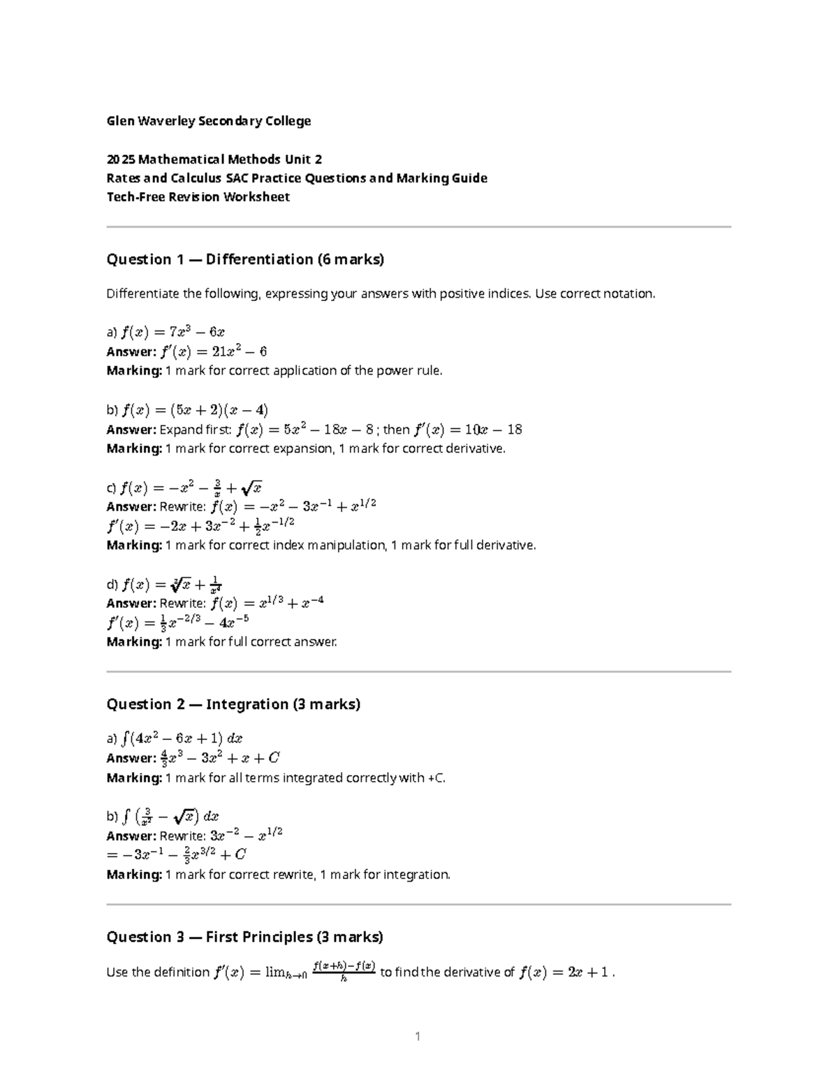 Mathematical Methods Unit 2 Rates & Calculus SAC Practice Qs 2025 - Studocu