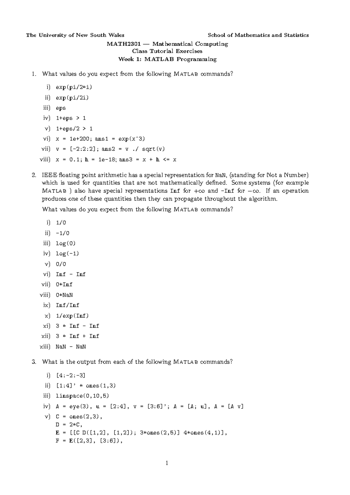 Tut wk01 matlab - Tut Week 1 Solutions - The University of New South ...