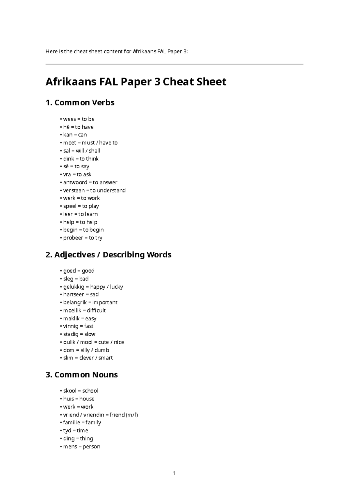 Afrikaans FAL Paper 3 Cheat Sheet: Essential Vocabulary Guide - Studocu