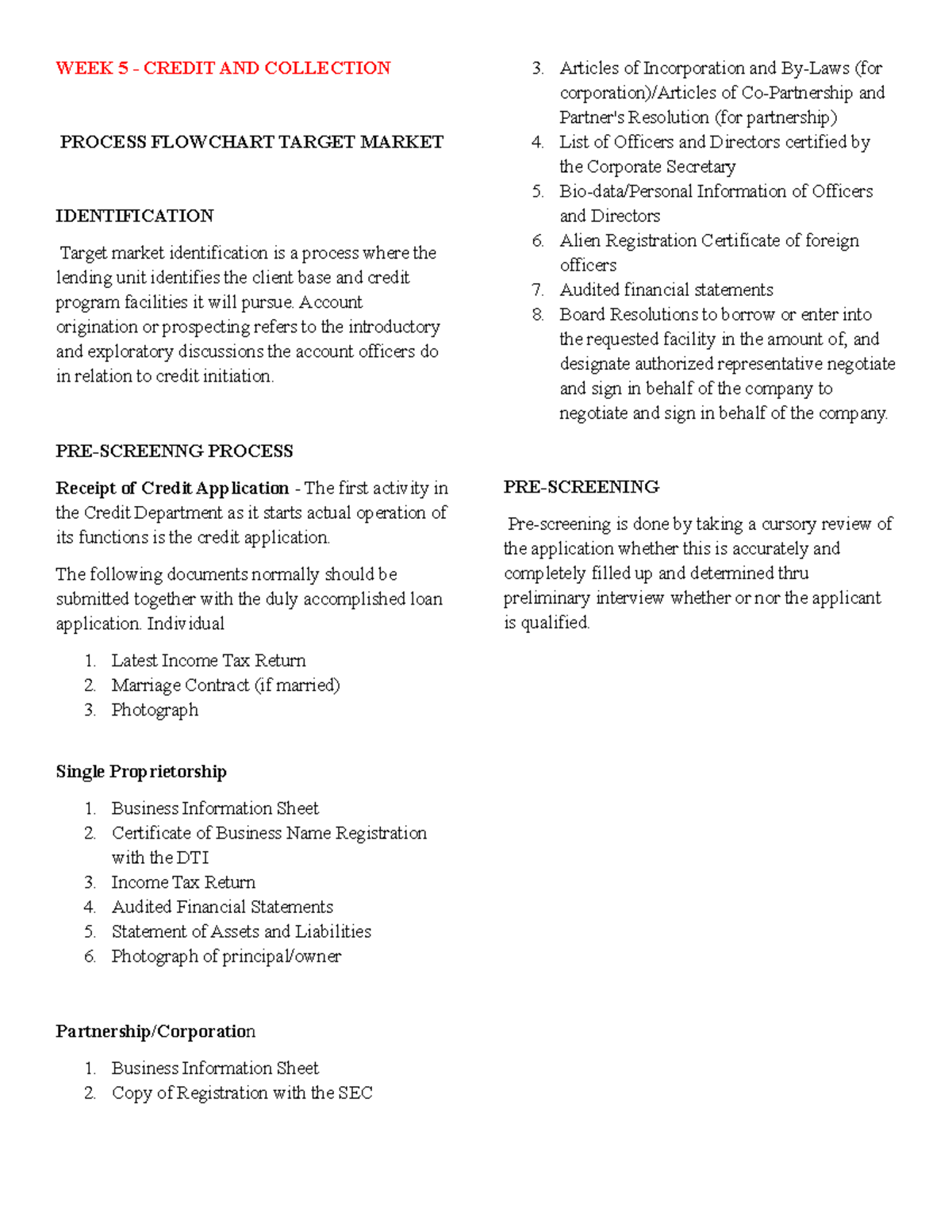 WEEK 5: CREDIT AND COLLECTION PROCESS FLOWCHART & TARGET MARKET ...