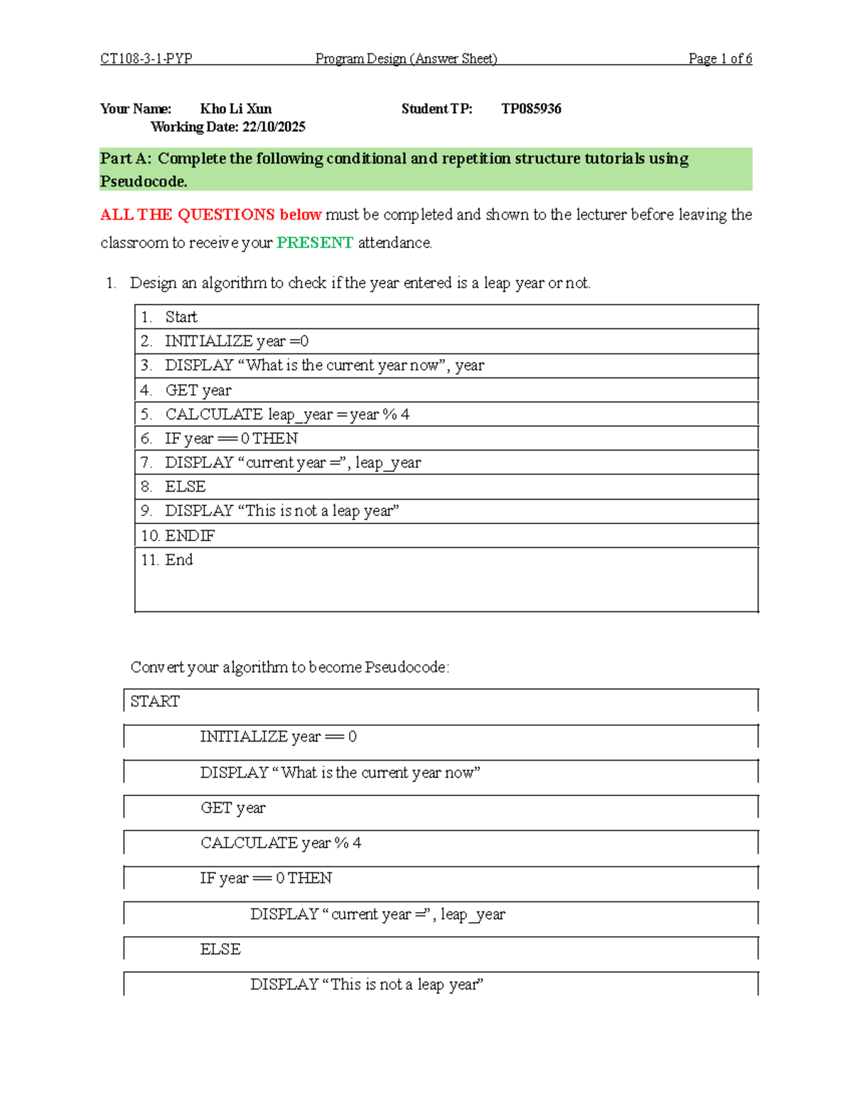 TP085936 Program Design (Answer Sheet) - Python Lab Exercise Part 1 ...
