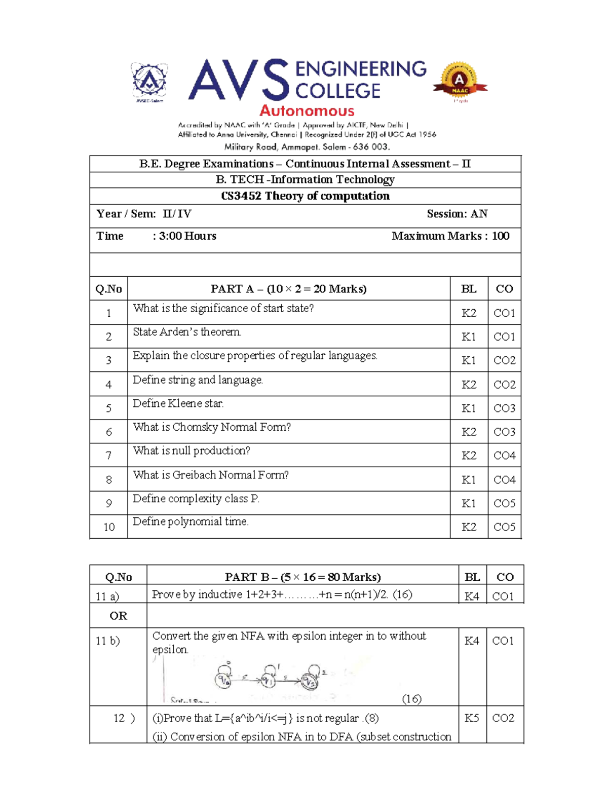 TOC CIA II (CS3452) - Important Questions for B. TECH Sem IV - Studocu
